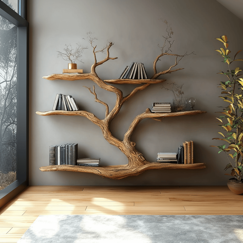 Handmade Floating Wall Bookshelf with Tree Branch Aesthetic