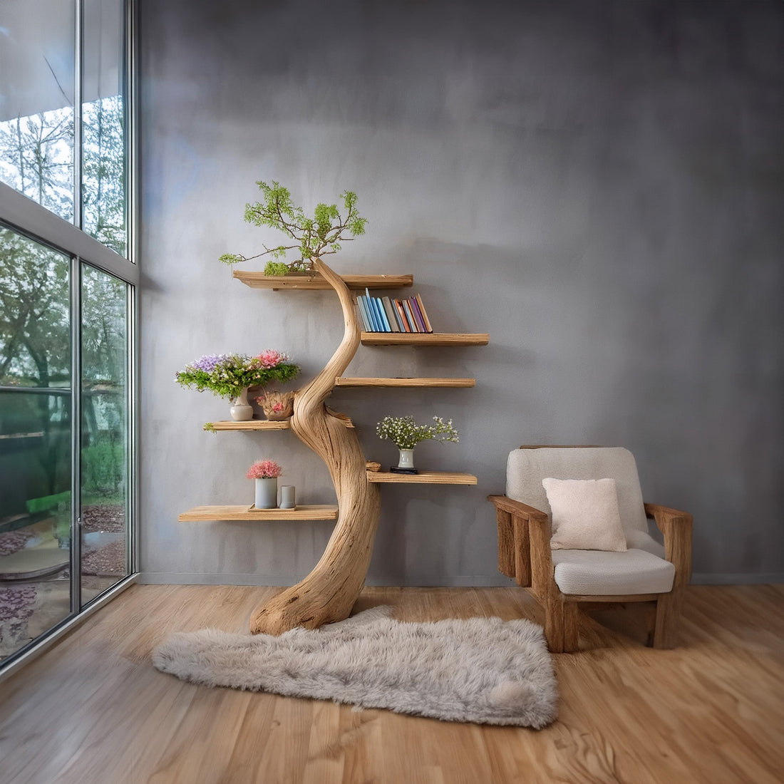 Handmade Solid Wood Tree Branch Bookcase for Stylish Storage