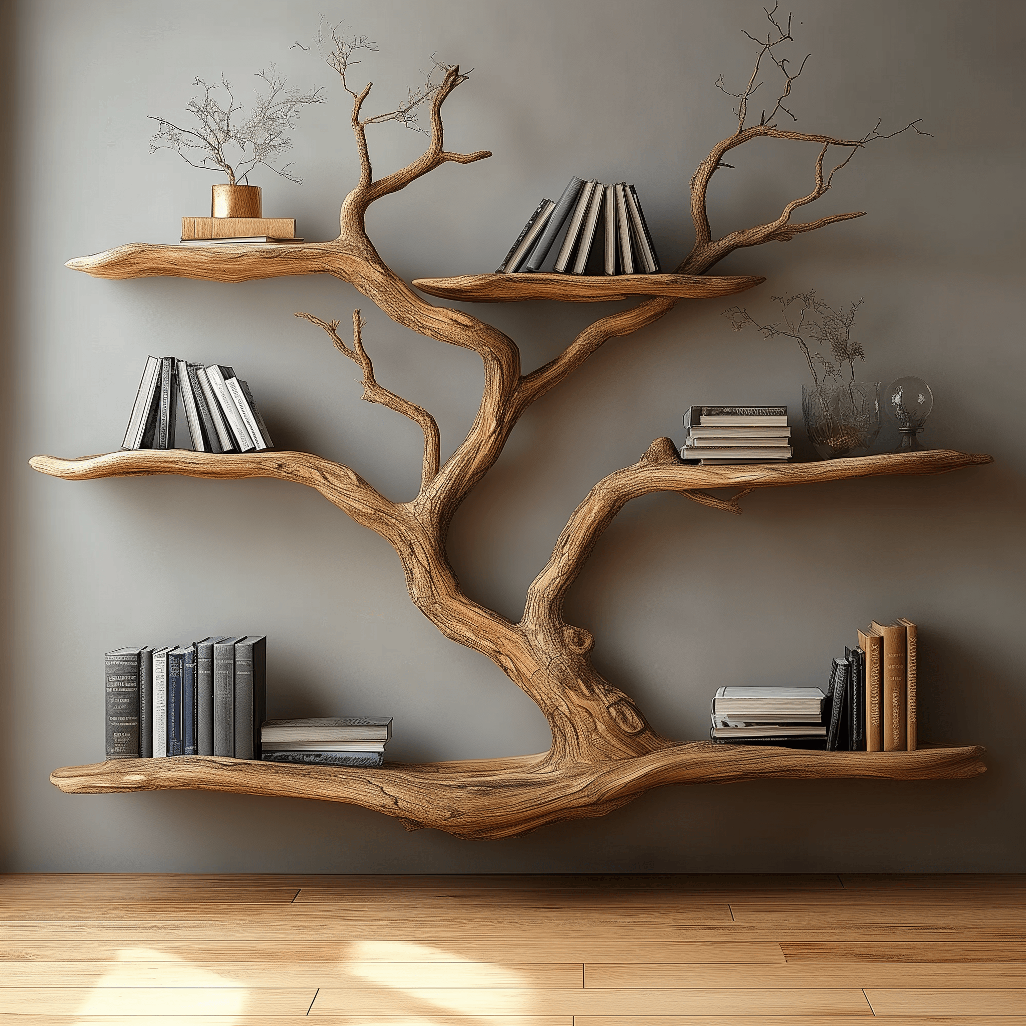 Handmade Floating Wall Bookshelf with Tree Branch Aesthetic