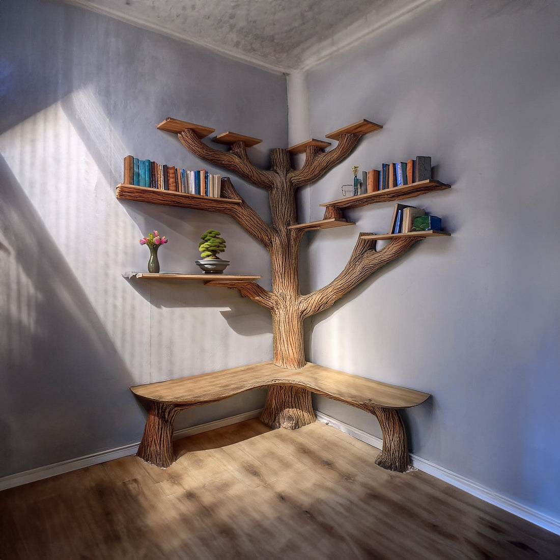 Solid Wood Tree Branch Bookshelf for Elegant Storage