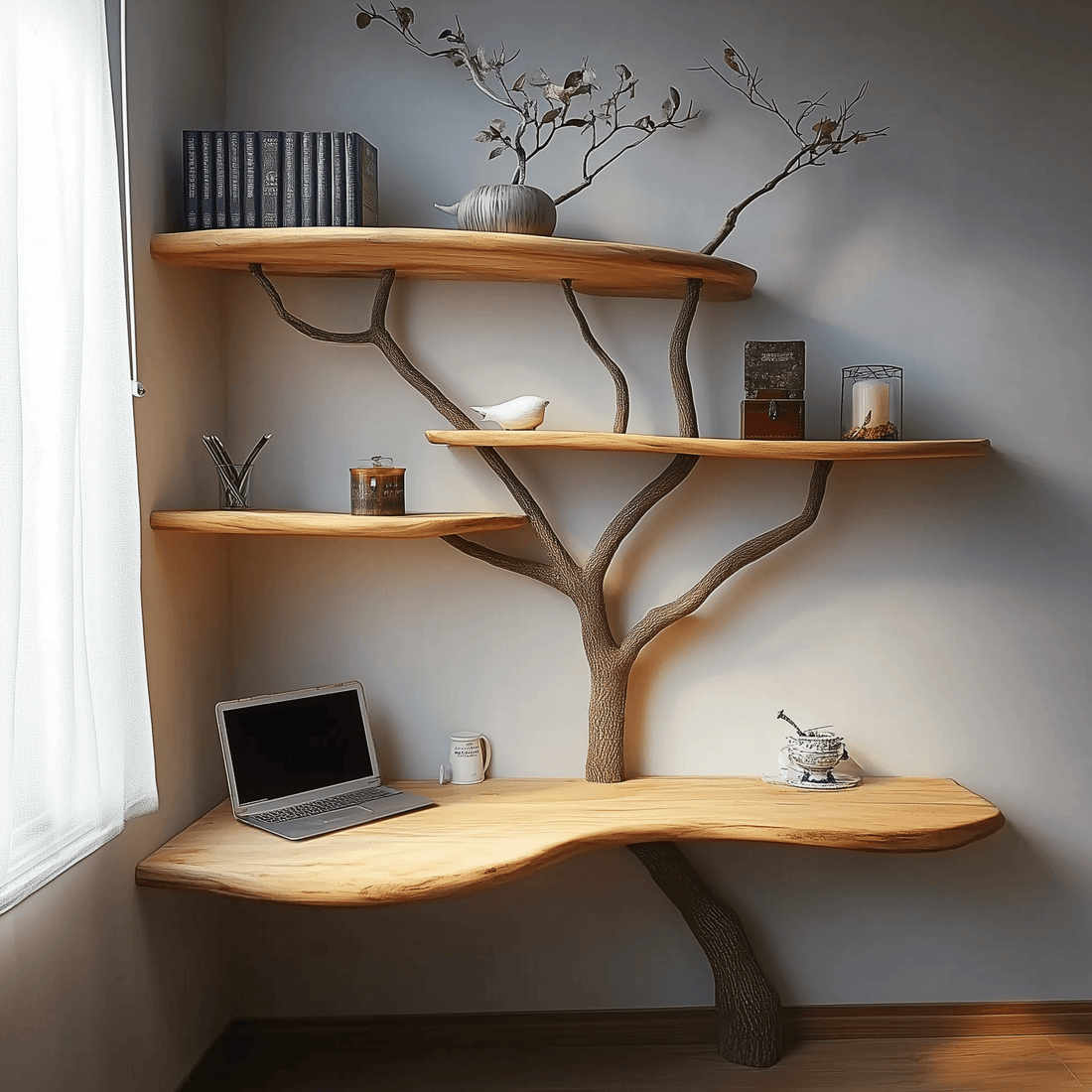 Solid Wood Tree Bookshelf with Live Edge Details