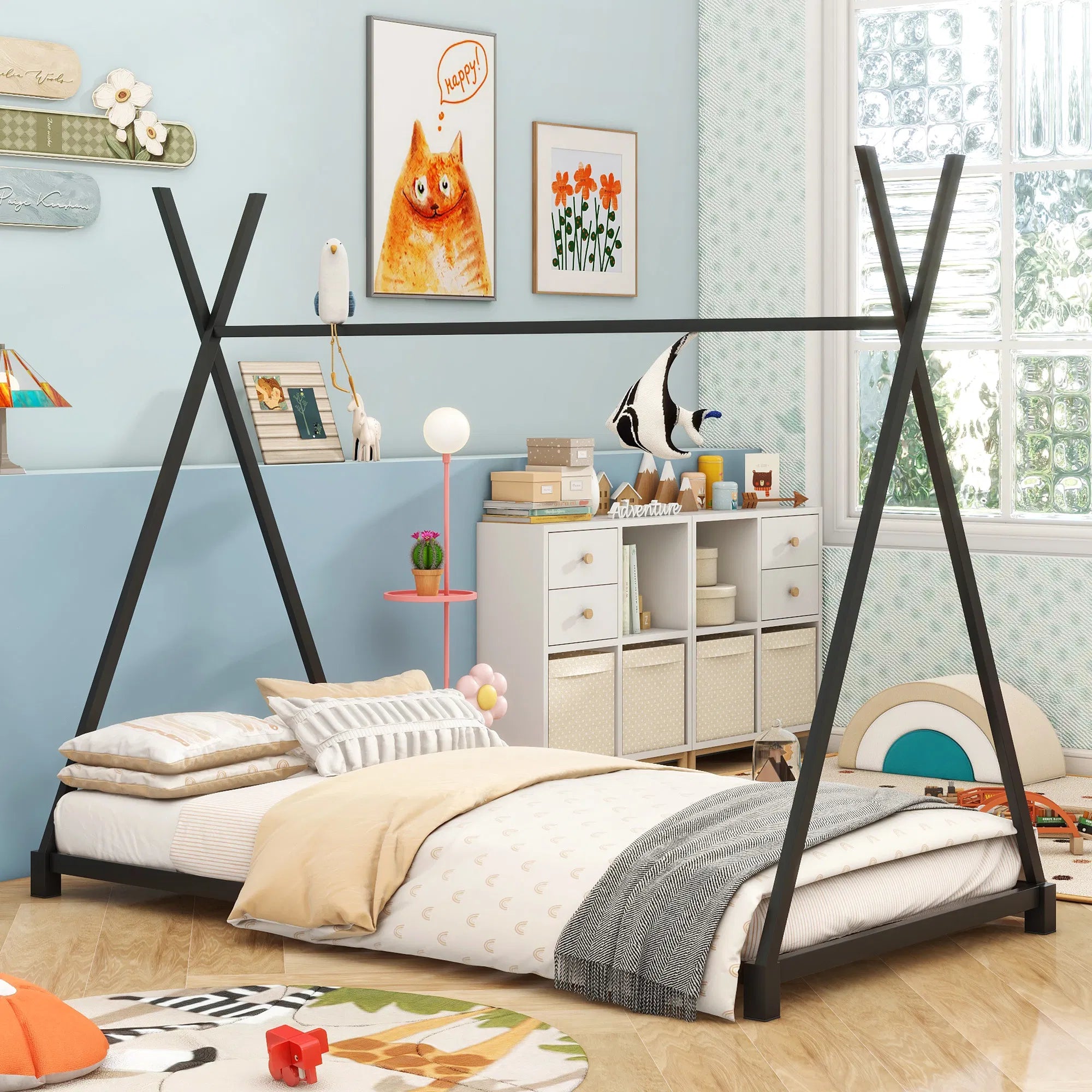 Black Metal Twin House Bed - Triangle Frame