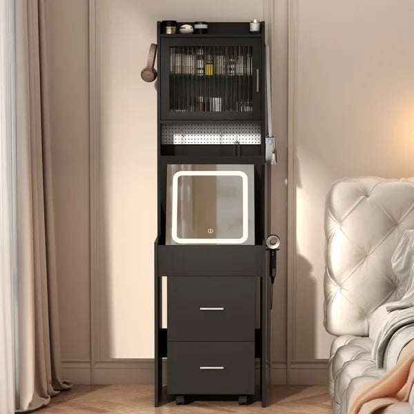 Black Compact Vanity Desk with LED Mirror & Stool