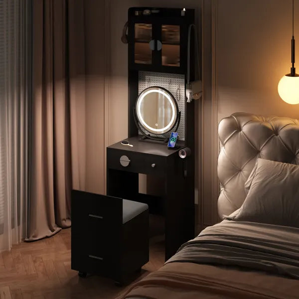 Compact Vanity Desk with LED Mirror & Stool