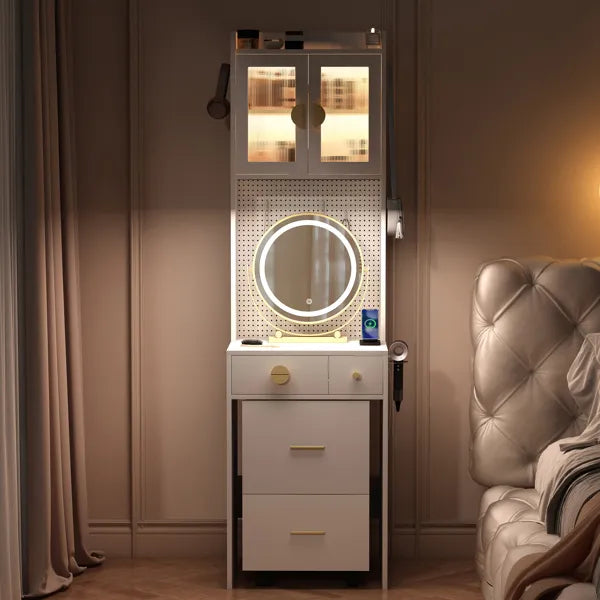 Compact Vanity Desk with LED Mirror & Storage Stool