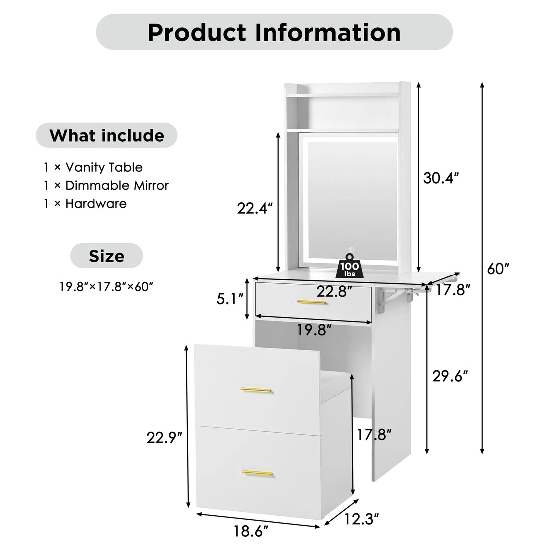 White Vanity Desk – Compact, Mirror & Lights