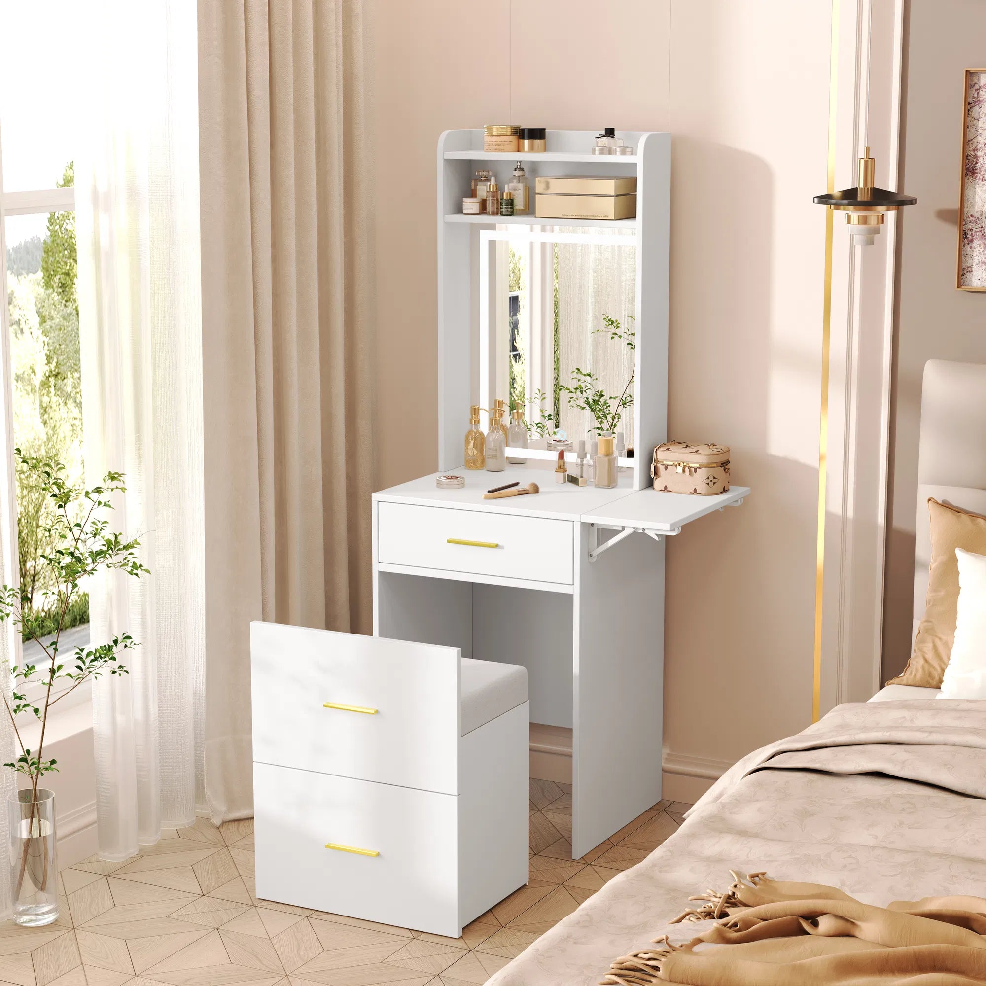 White Vanity Desk – Compact, Mirror & Lights