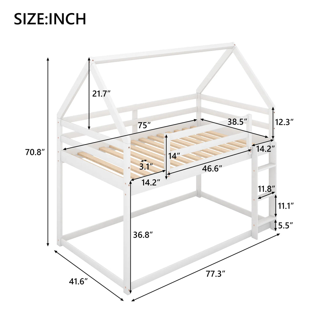 Twin-over-Twin House Bunk Bed – White, Low Profile