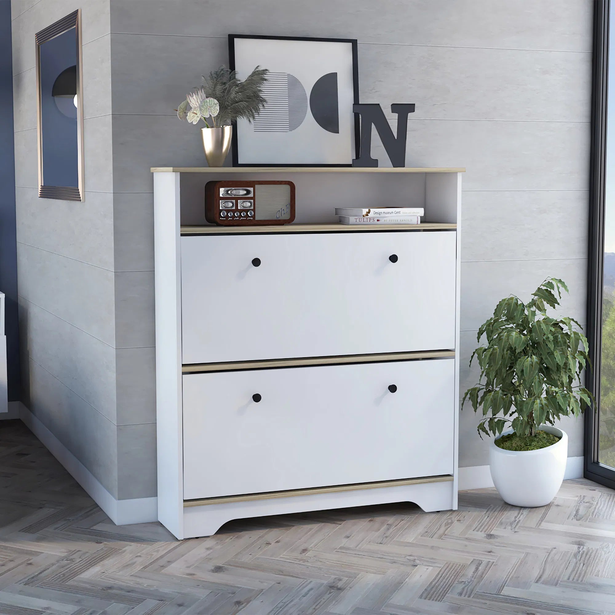 Light Oak & White Cranbery 2-Tier Shoe Rack