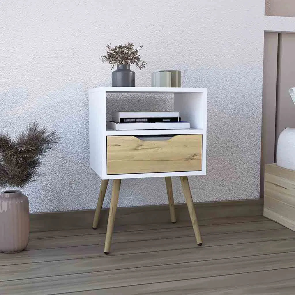 White & Light Oak Emma Nightstand with Drawer