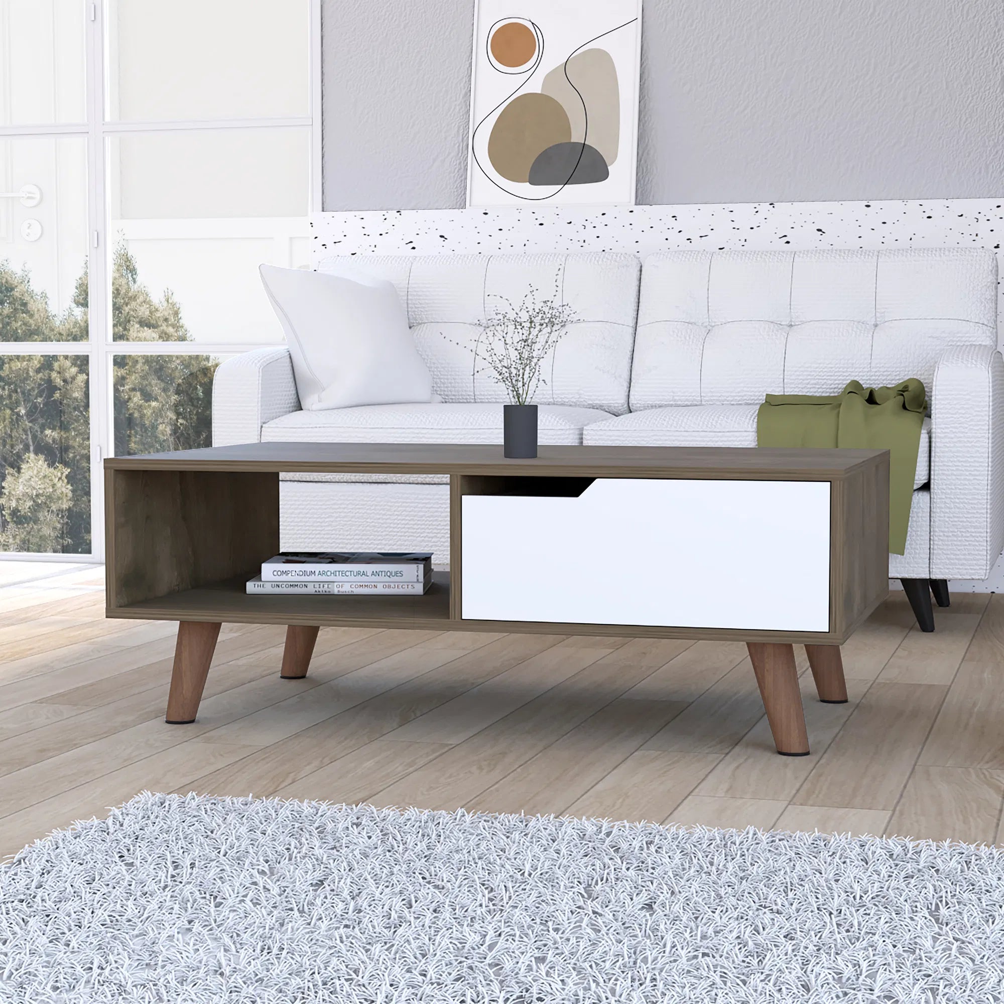 Dark Brown & White Coffee Table with Drawer & Shelf