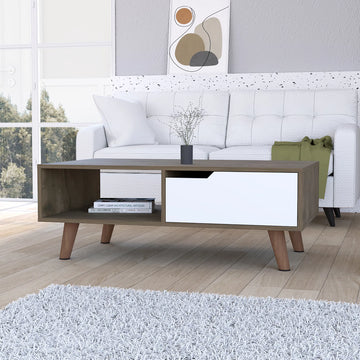 Dark Brown & White Coffee Table with Drawer & Shelf