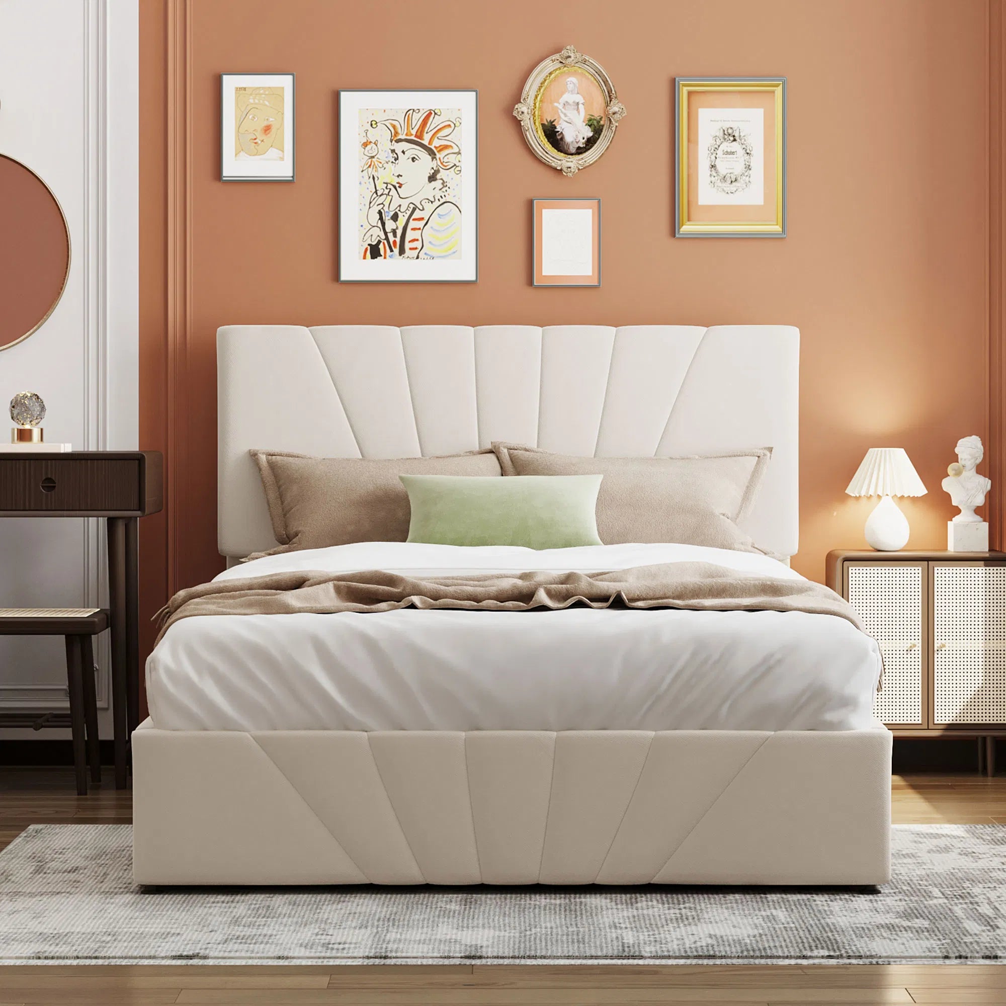 Full Beige Platform Bed with Storage