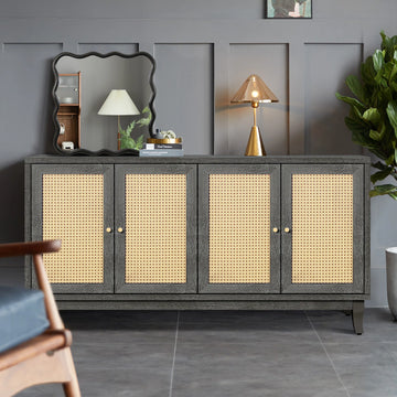 Antique Dark Gray Rattan 4-Door Sideboard