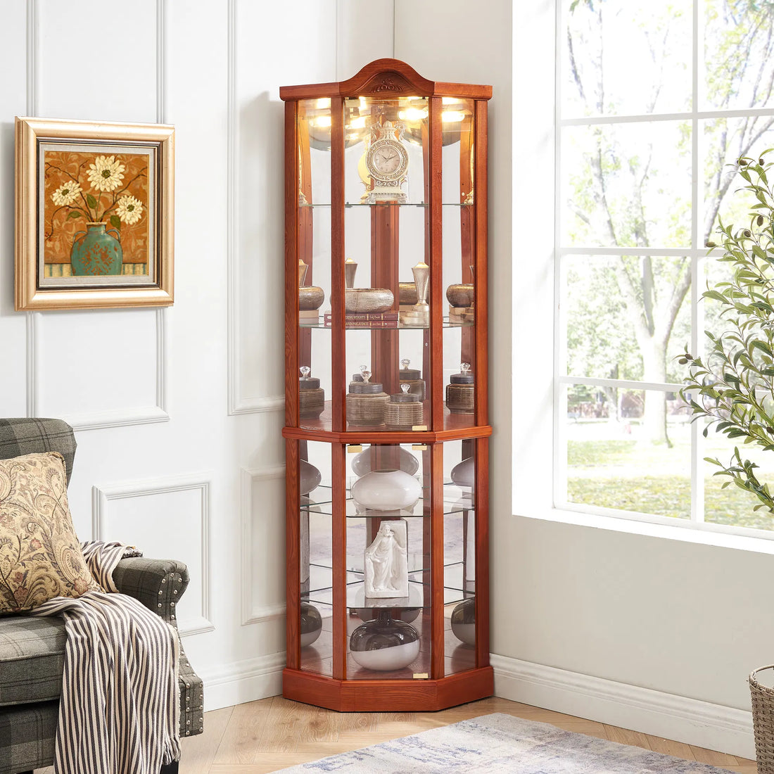 Cherry Lighted Corner Curio Cabinet