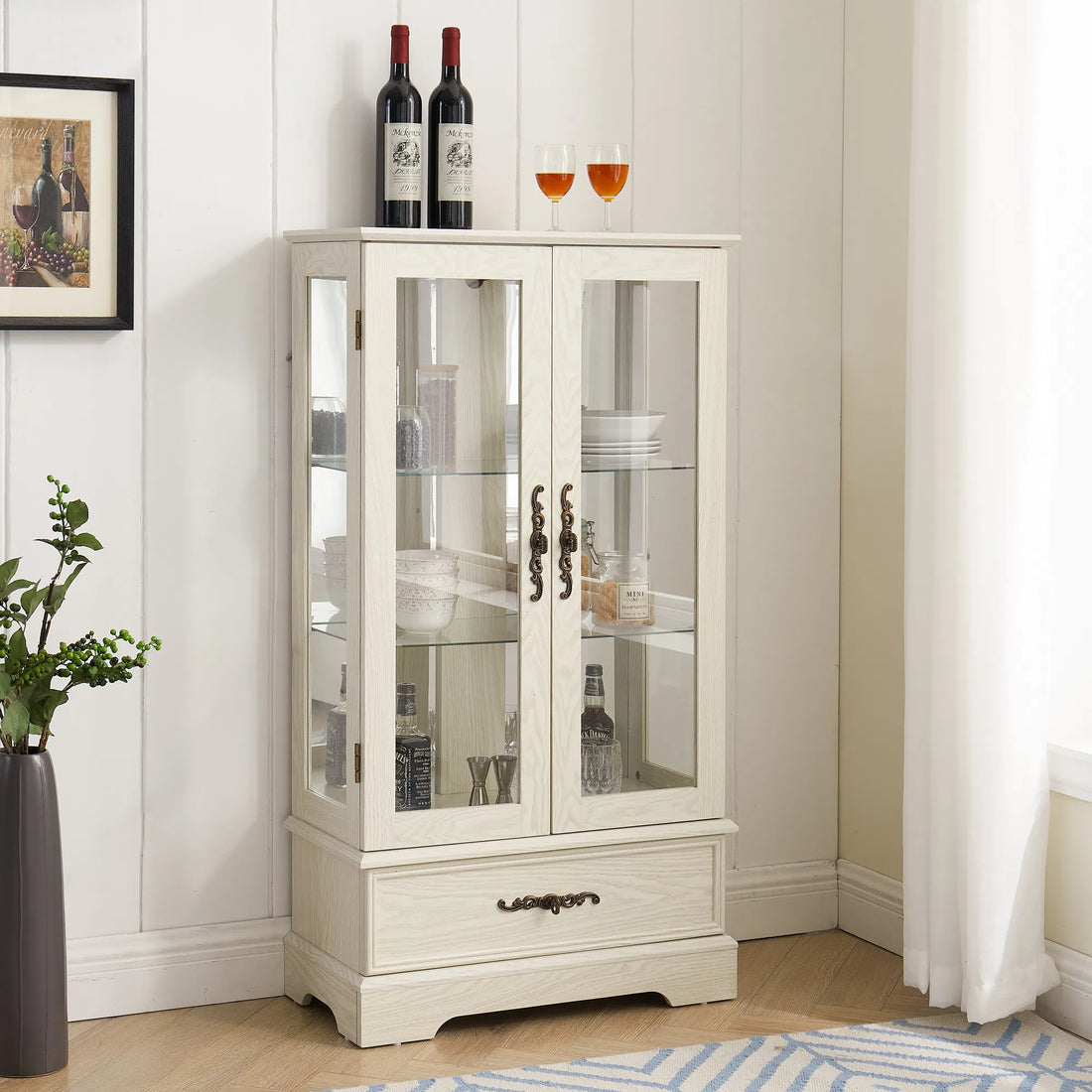 Cherry Lighted Glass Curio Cabinet with Drawer