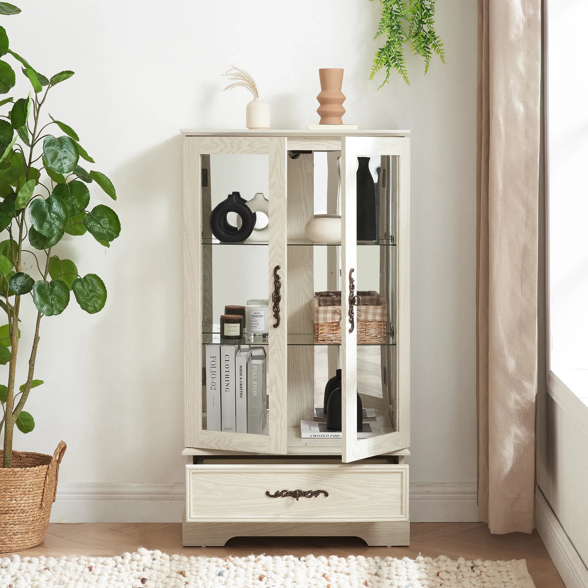 Cherry Lighted Glass Curio Cabinet with Drawer