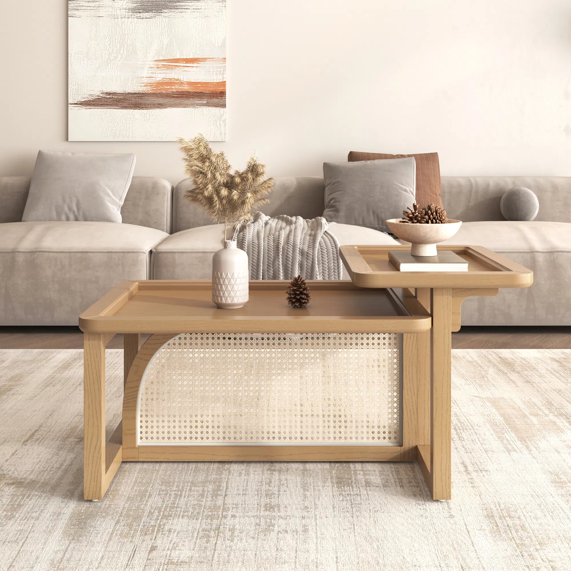 Natural Rattan & Wood 2-Piece Nesting Coffee Table