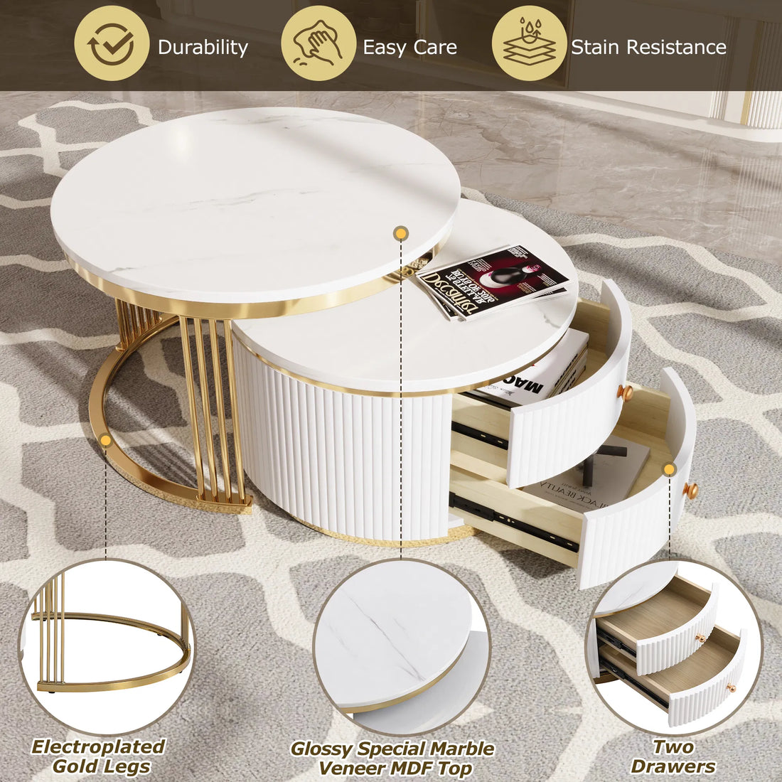 White 2-Piece Round Nesting Coffee Tables