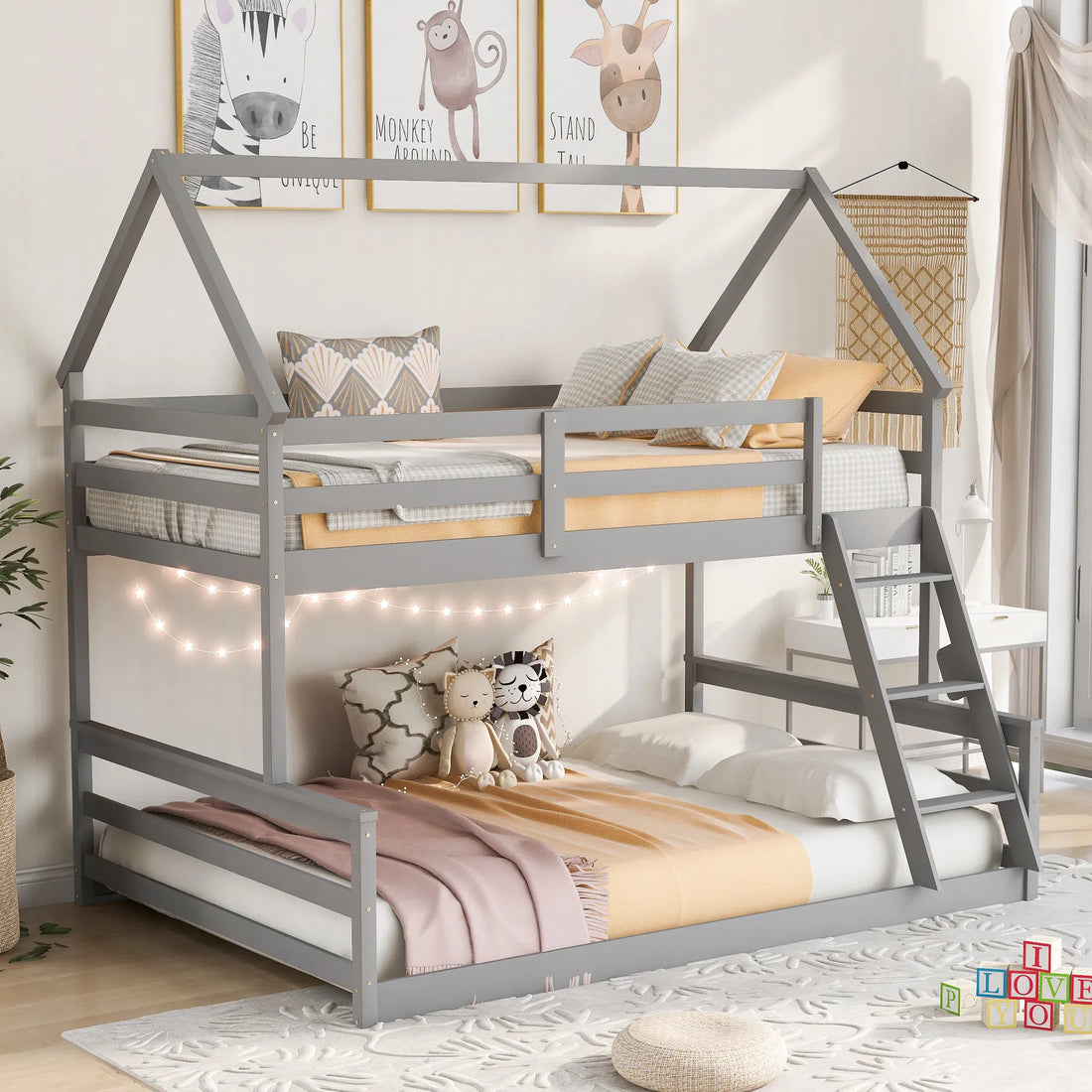 Twin-over-Full Bunk Bed – Gray, Modern Ladder