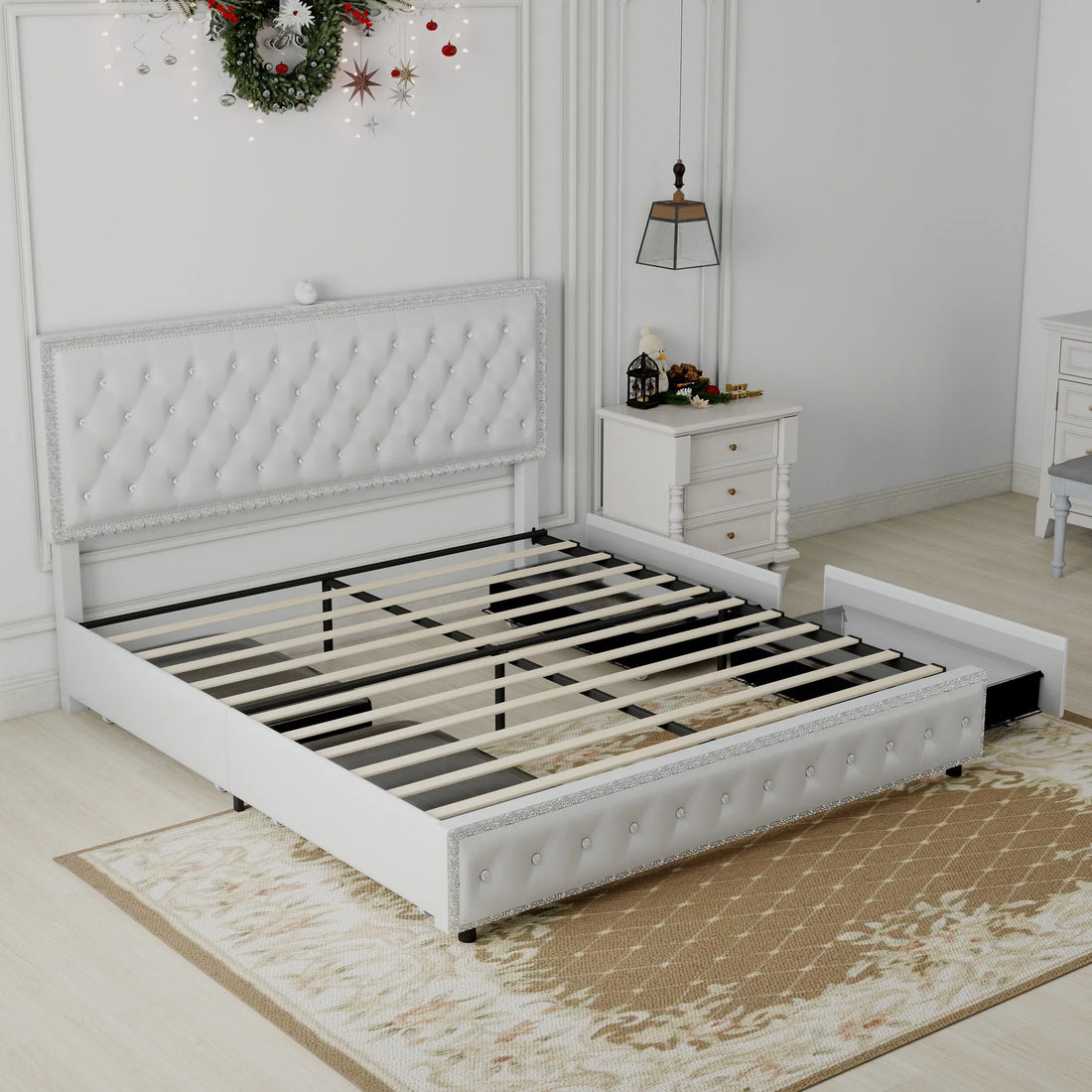 Queen Bed with Storage – PU Leather, Star Projector
