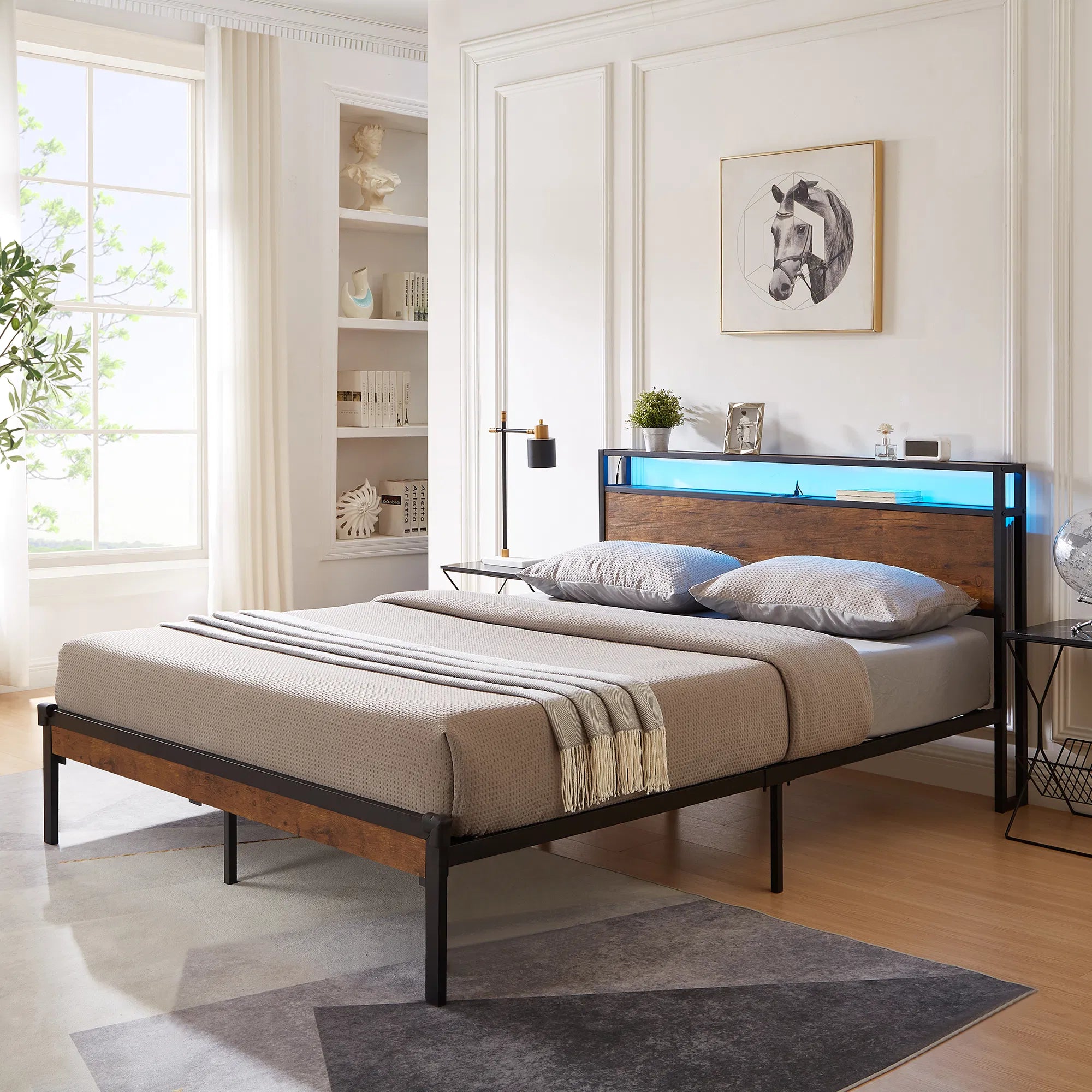 Queen Metal Platform Bed – Wood Headboard, LED