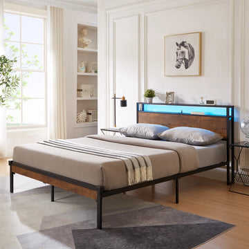 Queen Metal Platform Bed – Wood Headboard, LED