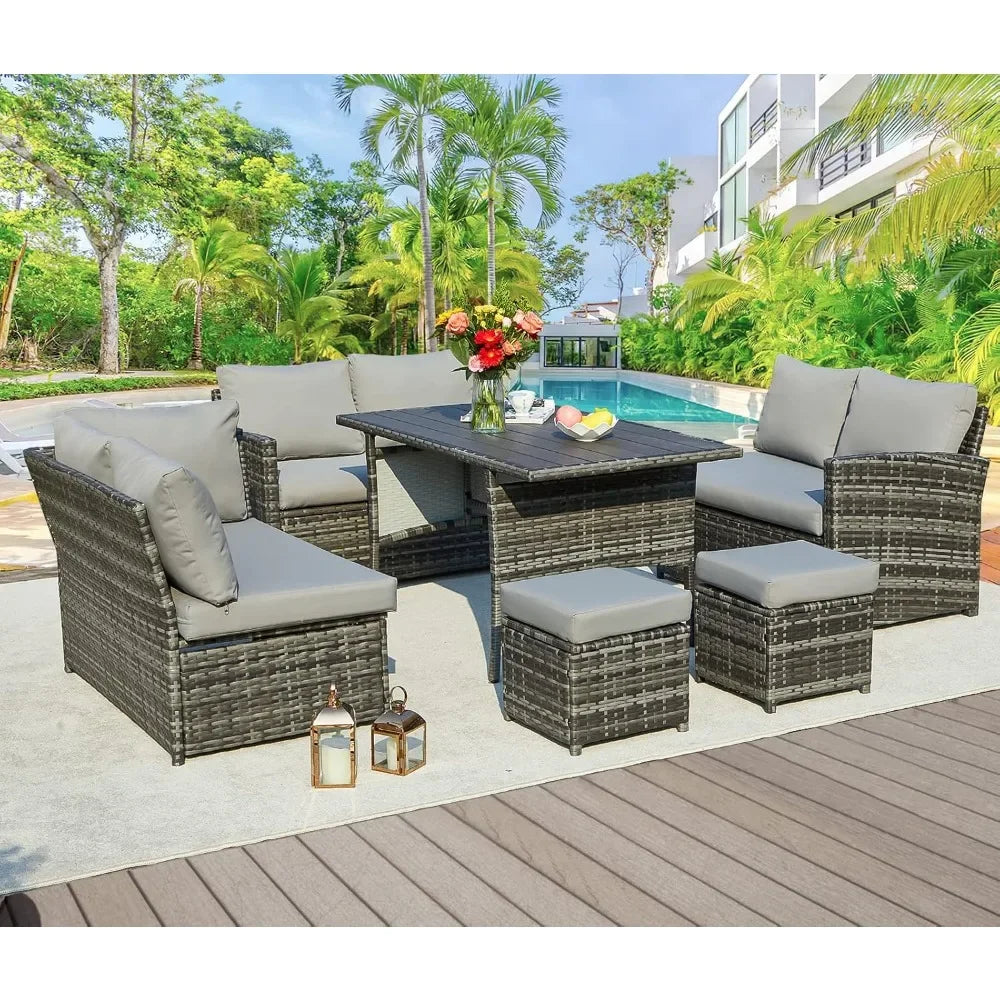 7-Piece Wicker Patio Furniture Set - Outdoor Dining Table, Chairs, Ottoman Included