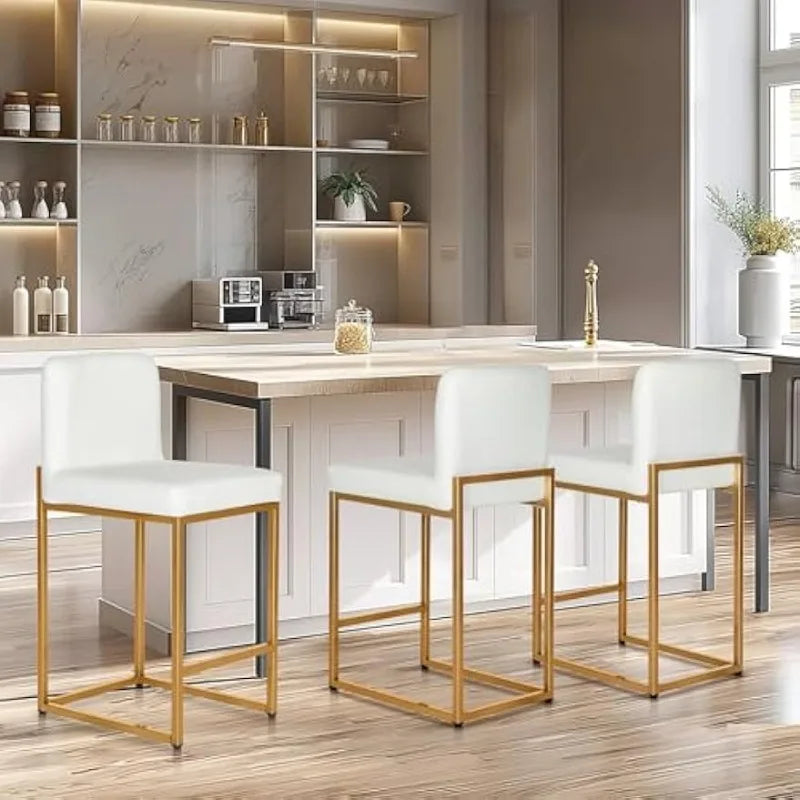 White & Gold Leather Bar Stools Set of 3 - 24", With Back