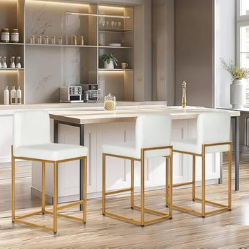 White & Gold Leather Bar Stools Set of 3 - 24", With Back