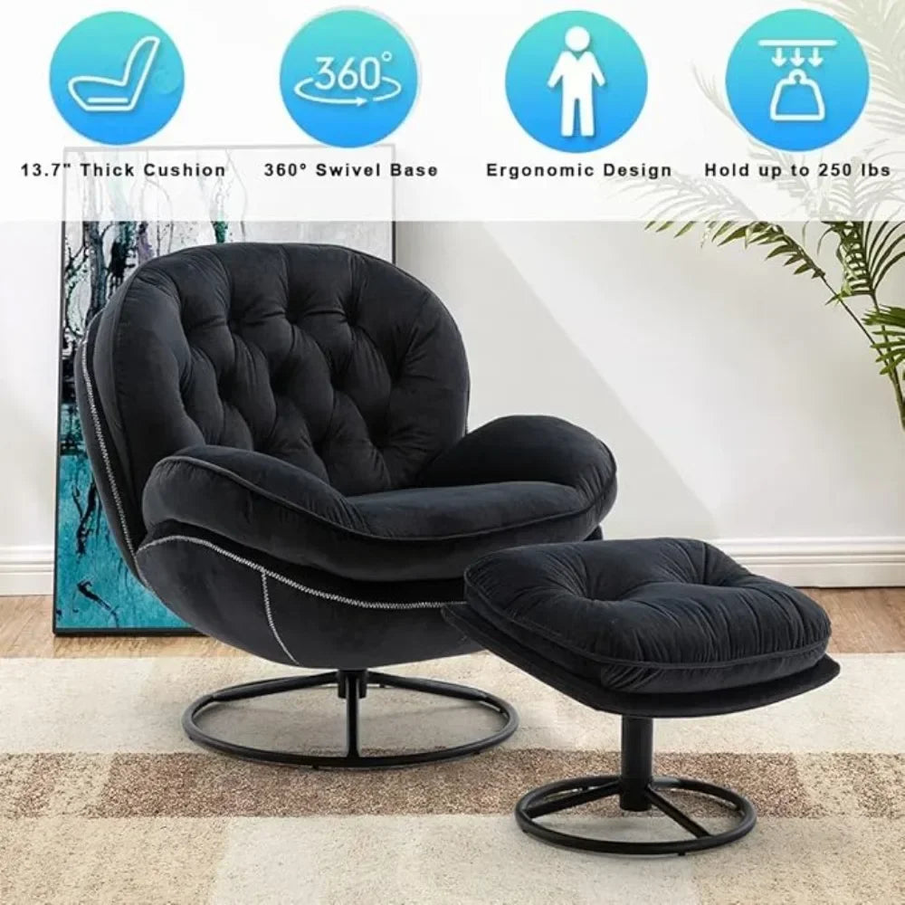 Velvet Swivel Chair with Ottoman - Modern Comfy Armchair with Footrest and Swivel Base
