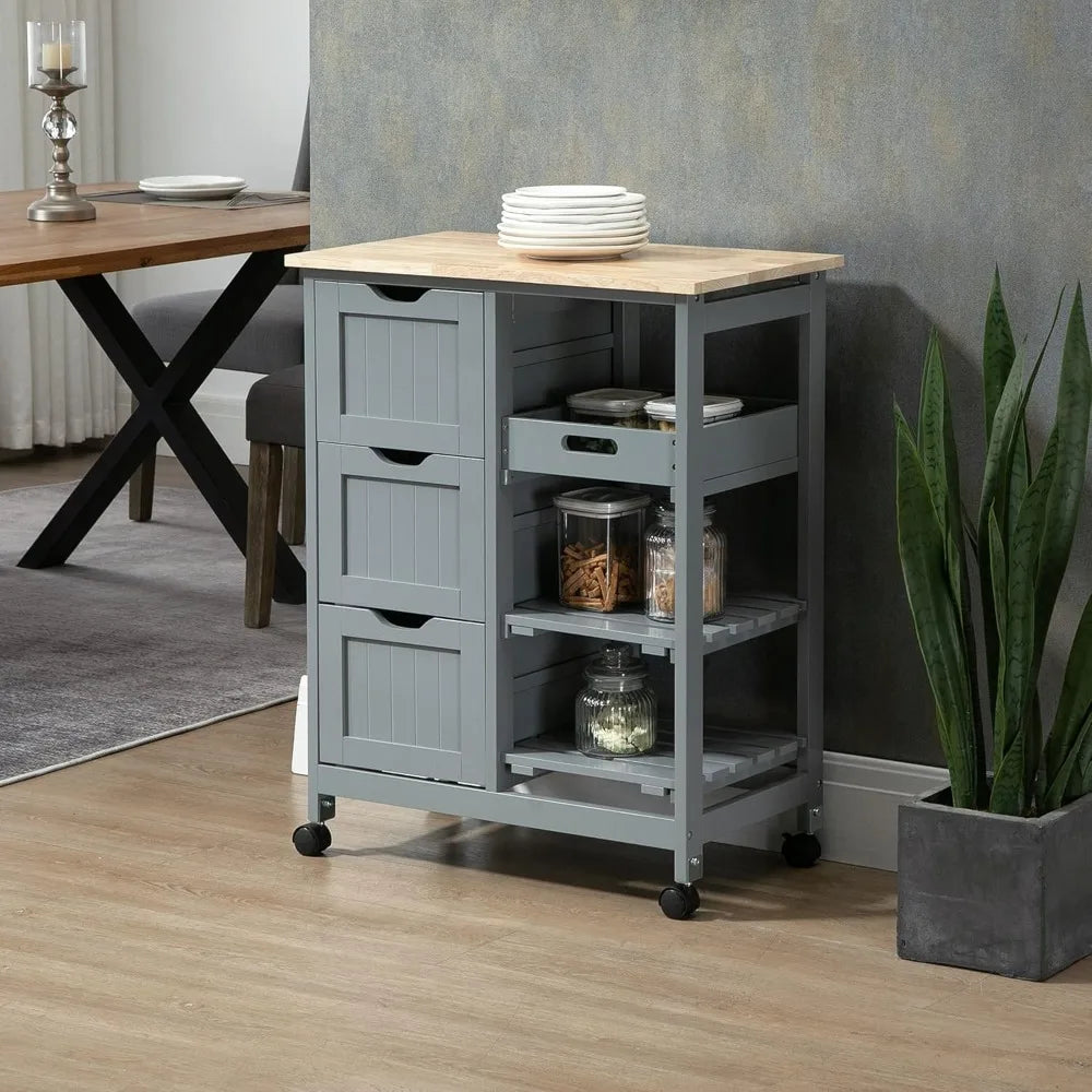 Compact Kitchen Trolley with Wood Top & Drawers