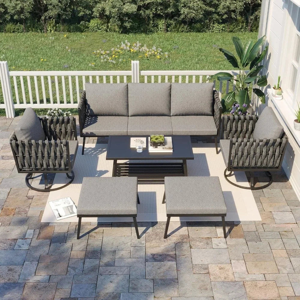 6-Piece Aluminum Patio Set - Includes Swivel Chairs, Ottoman, Coffee Table with Woven Rope Design