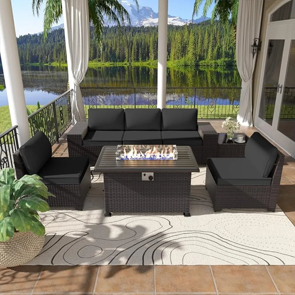 7-Piece Patio Sectional Sofa Set - Fire Pit Table and Wicker Conversation Furniture