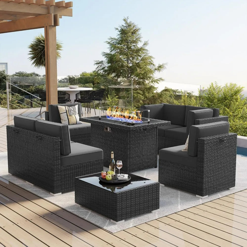 8-Piece Wicker Patio Furniture Set - Includes 44" Fire Table and Coffee Table