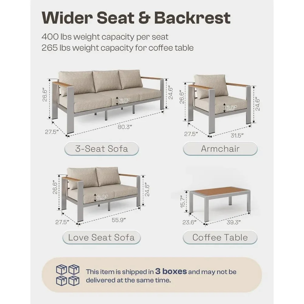 4-Piece Aluminum Outdoor Furniture Set - Thick Cushions and Coffee Table