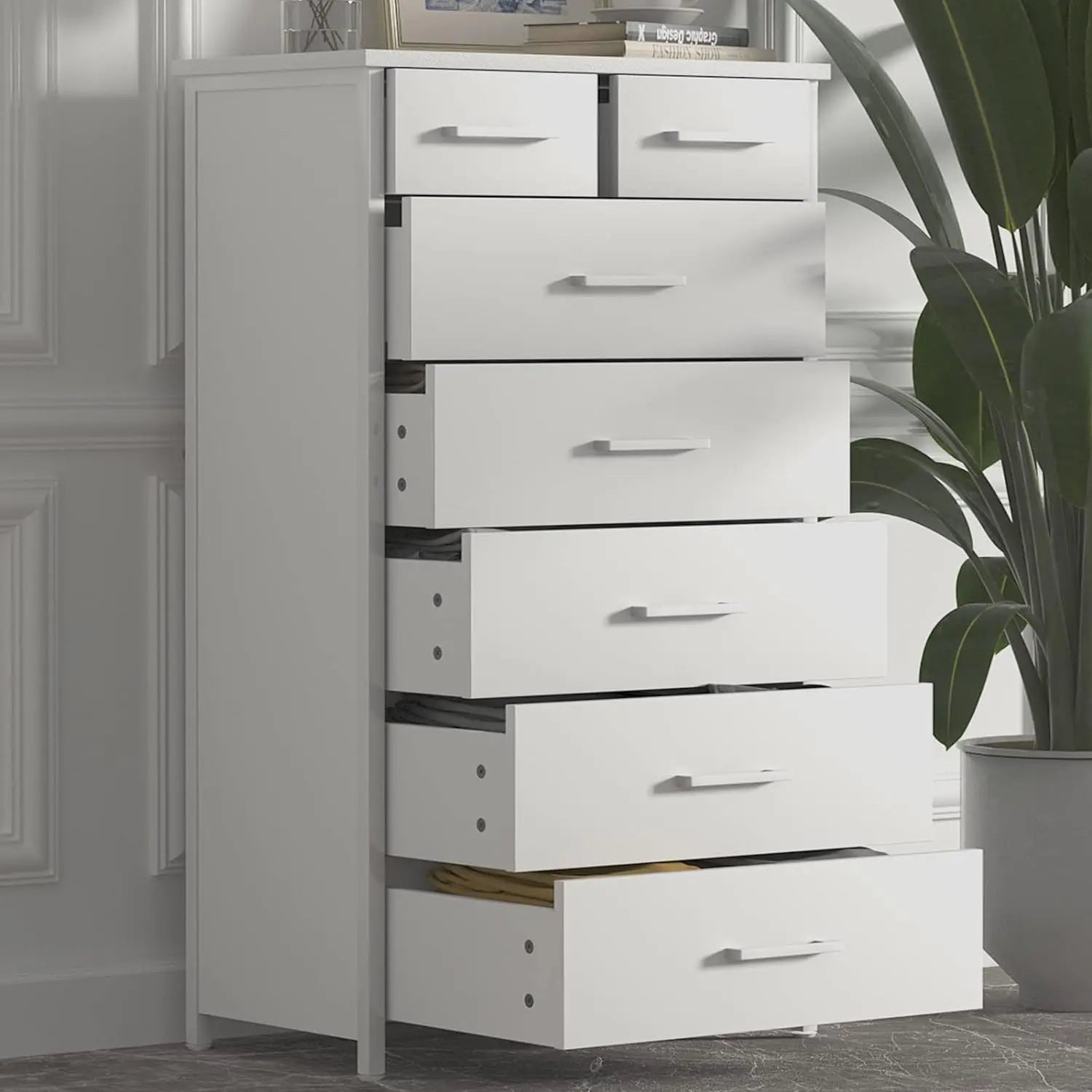 7 Drawer White Dresser with Steel Frame