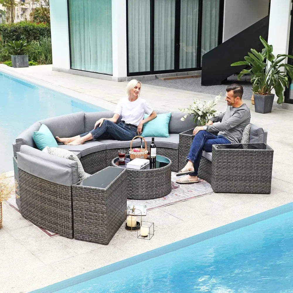 11-Piece Half-Moon Sectional Patio Set - Curved Sofa with Coffee Table for Courtyard