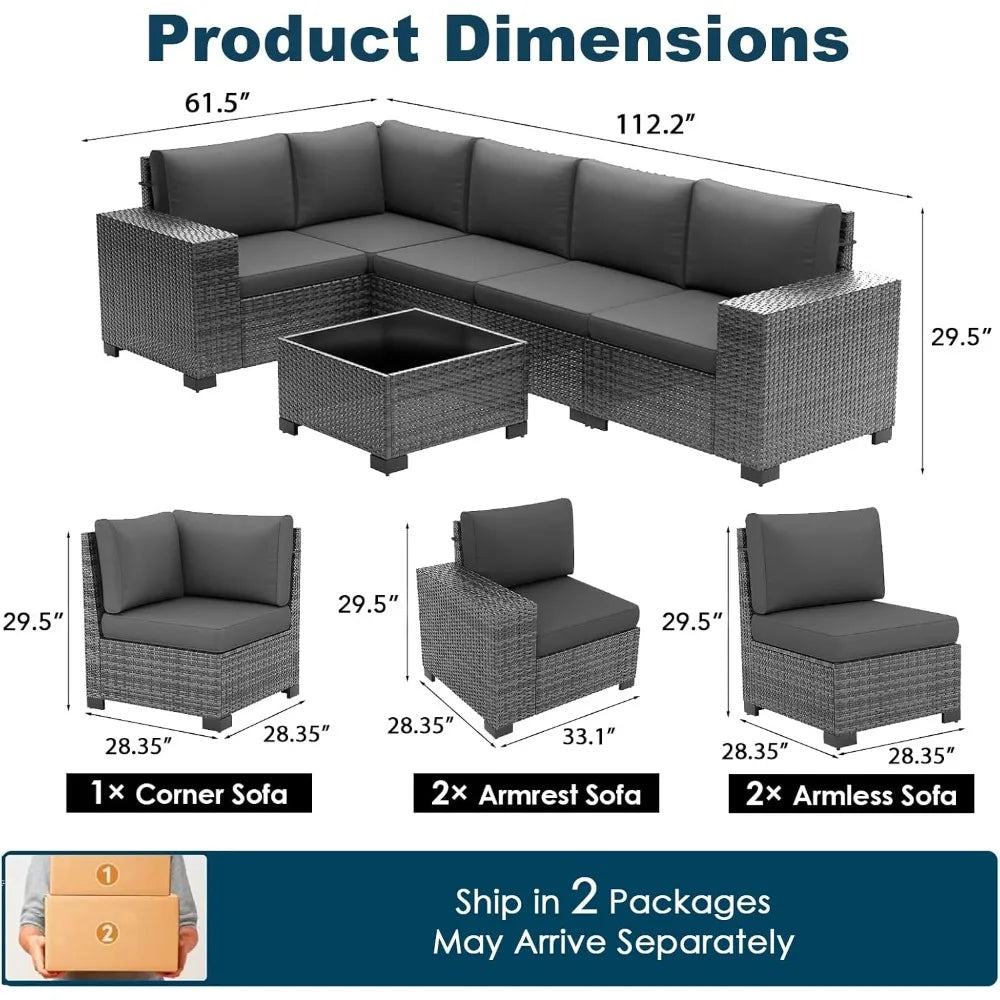 6-Piece PE Rattan Outdoor Sofa Set - Sectional Conversation Set with Thick Cushions