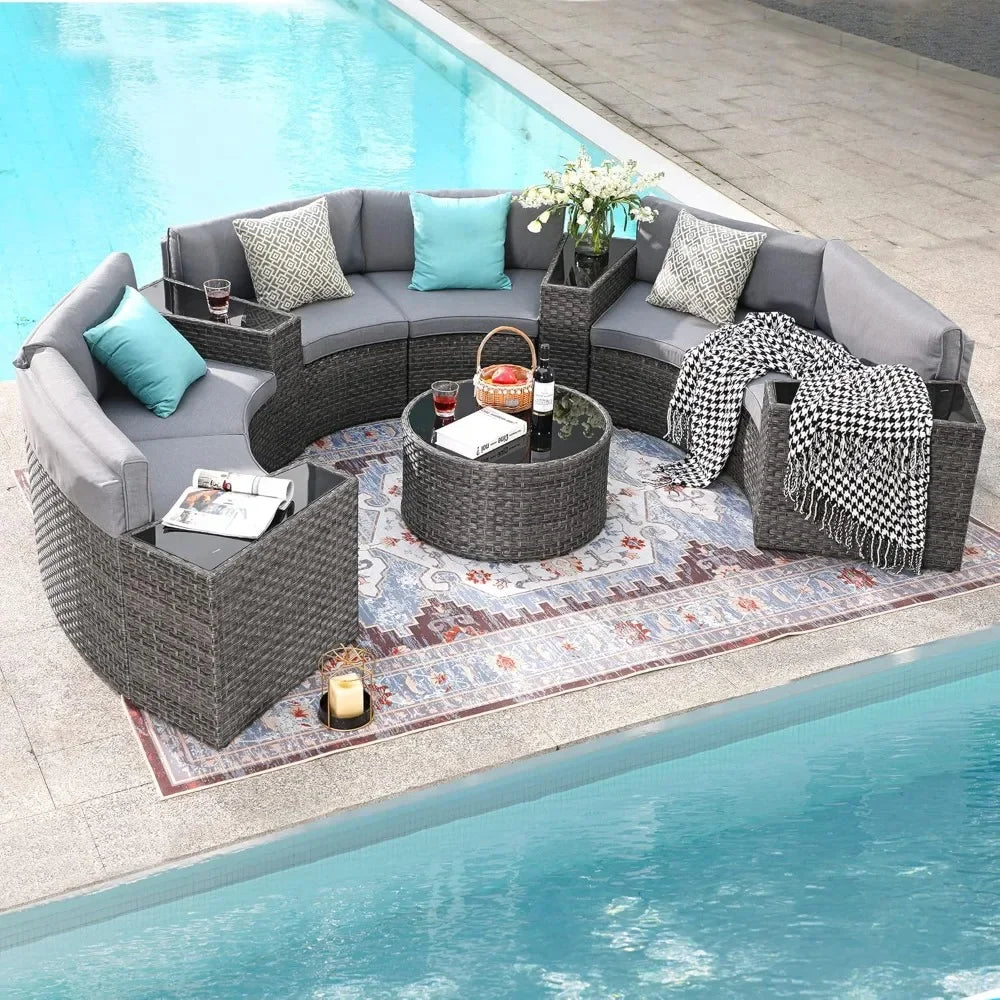 11-Piece Half-Moon Sectional Patio Set - Curved Sofa with Coffee Table for Courtyard