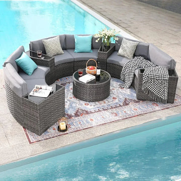11-Piece Half-Moon Sectional Patio Set - Curved Sofa with Coffee Table for Courtyard