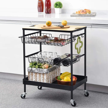 Kitchen Serving Cart with Wood Top & Basket Drawers