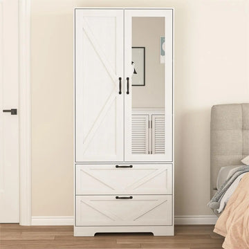 Mirror Door Armoire with Drawers Light and Hanging Rod