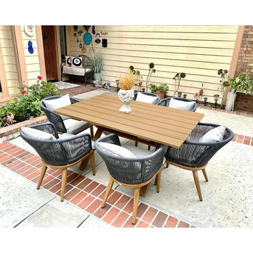 7-Piece Wicker Outdoor Dining Set - Teak-Finish Table and Chairs for Garden Deck
