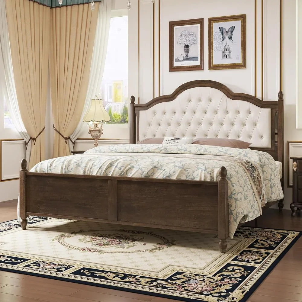King Wood Platform Bed with Upholstered Headboard Walnut Finish