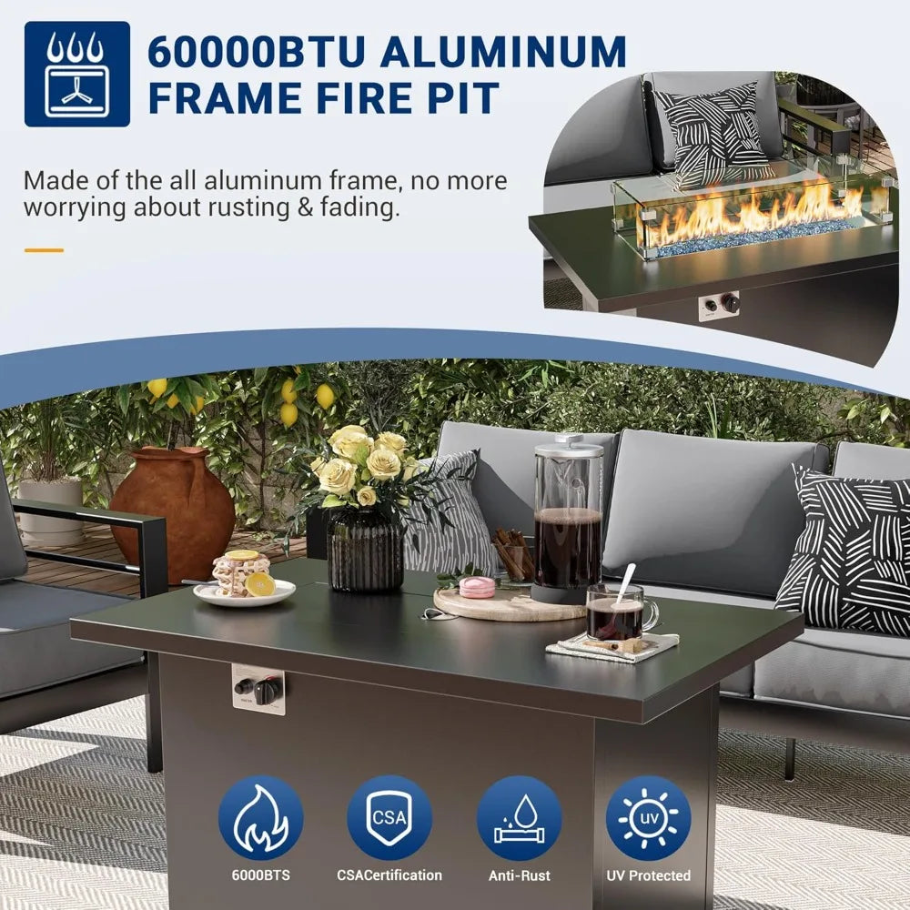 Aluminum Patio Set with Fire Pit - Oversized Seating with 5" Cushions for Outdoor Use