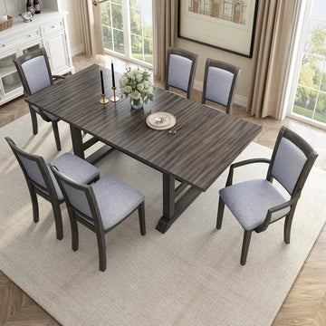 7-Piece Extendable Dining Table Set - 76.9" Trestle Table with Side and Arm Chairs