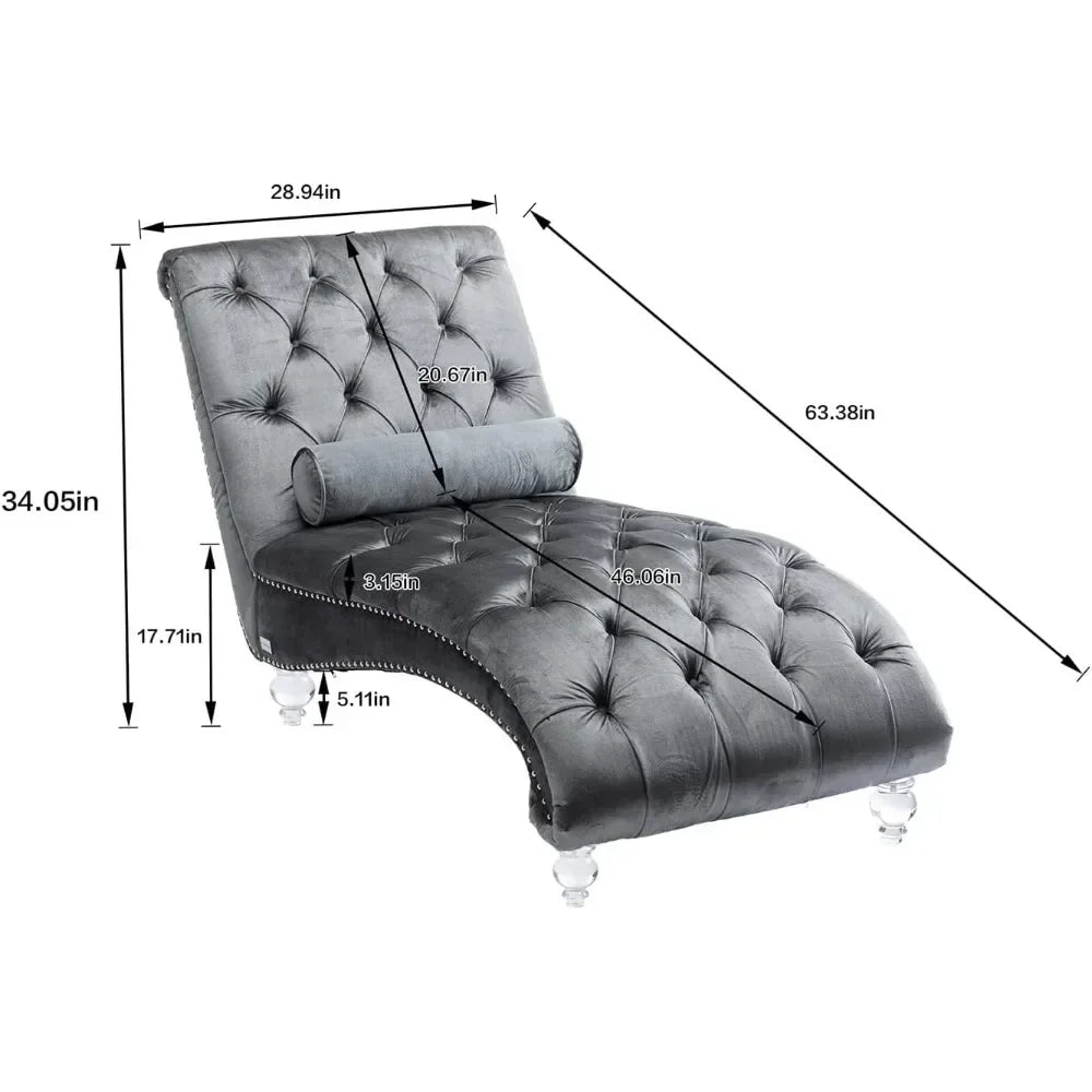 Velvet Tufted Chaise Lounge with Pillow Acrylic Legs Sleeper Chair