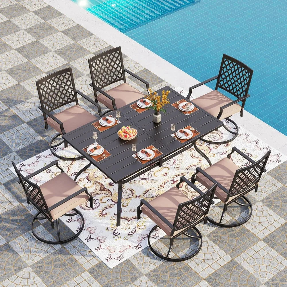 7-Piece Steel Patio Dining Set - Swivel Chairs and 60" Rectangular Table