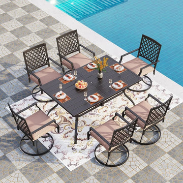 7-Piece Steel Patio Dining Set - Swivel Chairs and 60" Rectangular Table